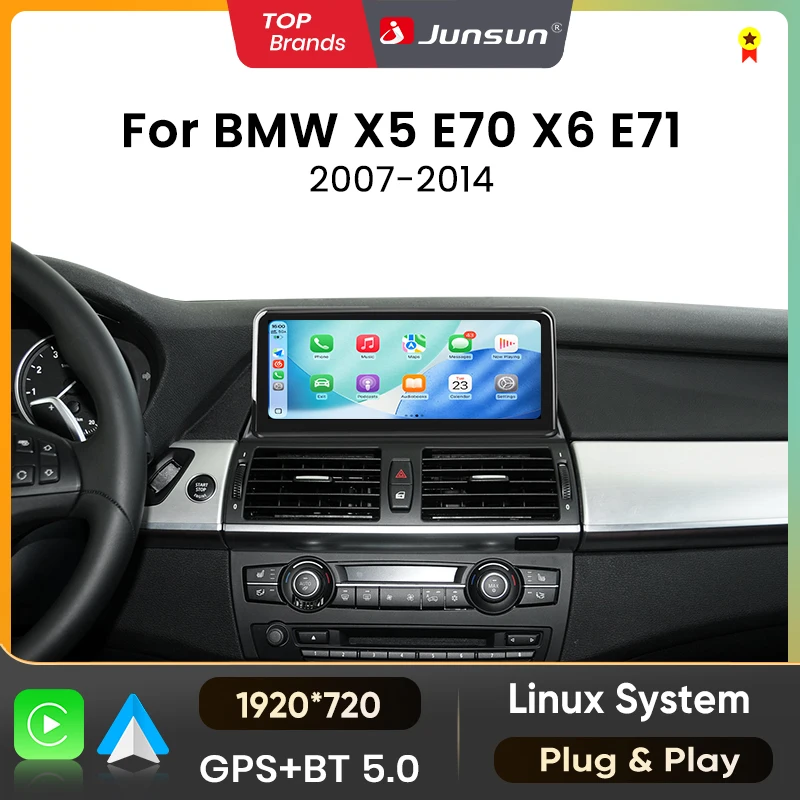 Junsun Linux-System Kabelloses CarPlay Android Auto Autoradio Multimedia-Display für BMW X5 E70 X6 E71 2007-2014 Bluetooth GPS-Navigation Stereo-Touchscreen-Audio-Headunit
