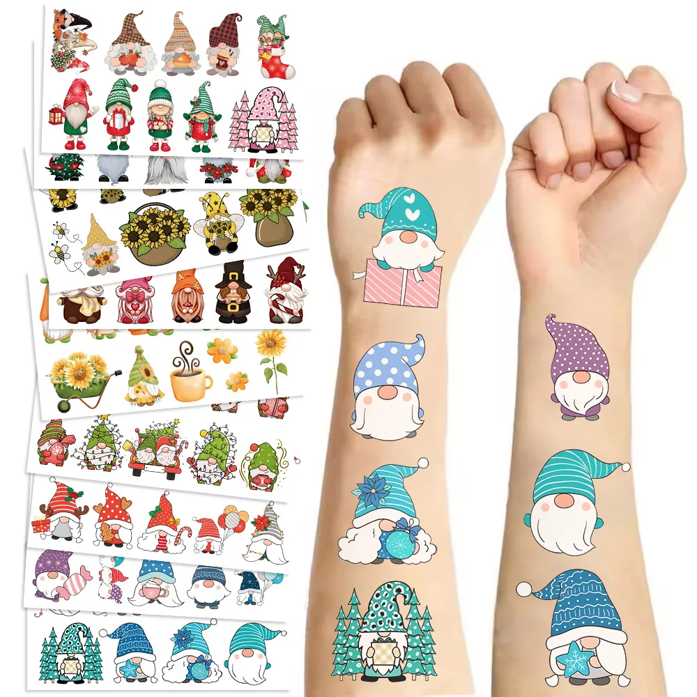 Disney Christmas anão Gnome tatuagem temporária adesivos, desenhos animados à prova d'água, Kids Party Gift, novo, 10pcs