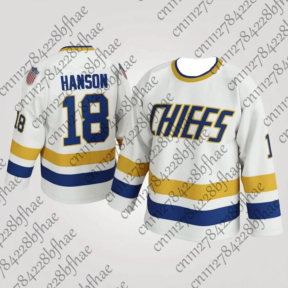 Hanson Brothers Hockey-Trikot für Herren, SlapShot # 16 # 17 # 18 Chiefs Weiß-Blaue Film-Fanartikel Authentische Sportteam-Kleidung für Kinder – Detail 5