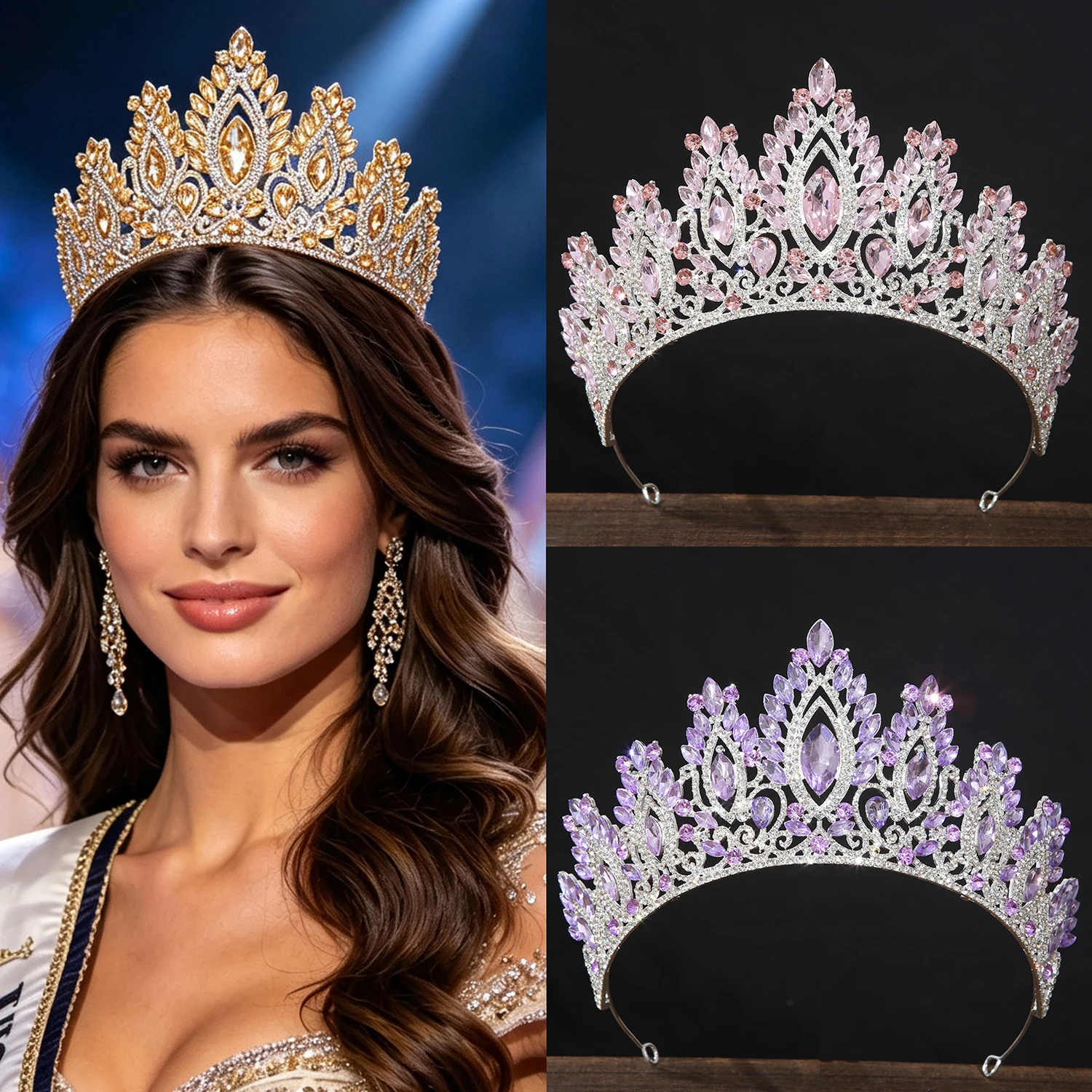 Lavender Rhinestones Bridal Tiara Princess Hair Crown for Pageant Prom Birthday Party Quinceanera Women's Hair Accessories Gift