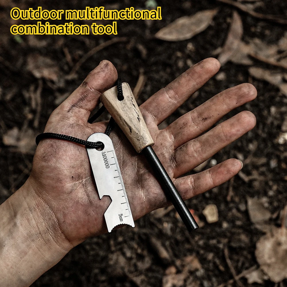 

2PCS Outdoor Multifunctional Wooden Handle Flint Portable Camping and Hiking Survival Equipment EDC Tool
