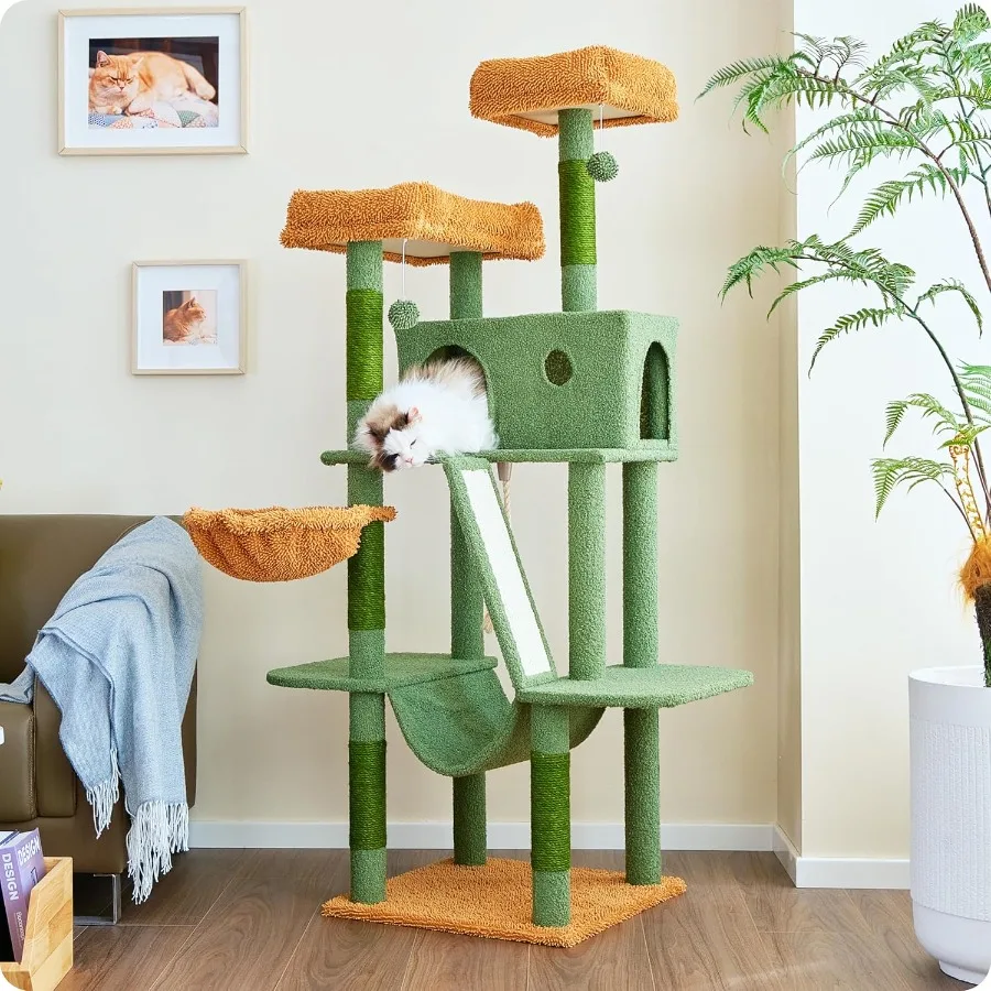

61 inch Tall Cat Tree for Large Cats Indoor Expanded Condo Design with 2 Padded Perches 1 Widened Large Hammock Integrated Scra