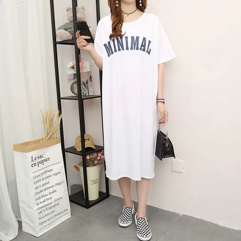 ขนาดบวกเกาหลีเซ็กซี่เปิดหลังยาวเสื้อยืดกระโปรงชุดนอนชุดเสื้อผ้าสตรีฤดูร้อนแขนสั้นชุดลําลองเปลือย