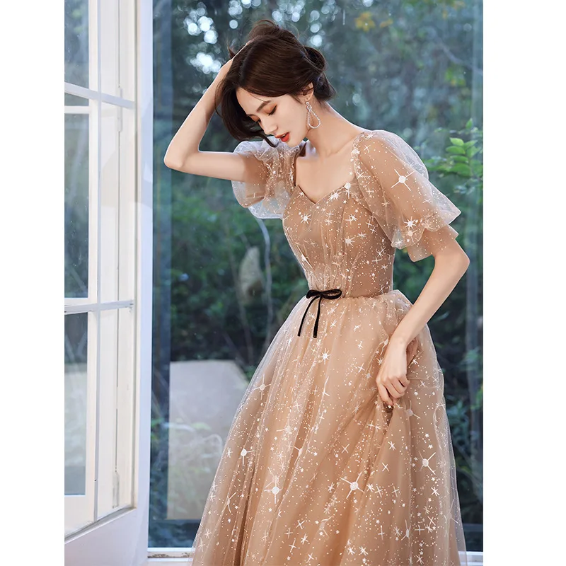 Champagne Evening Dress 2023 New Women\'s Sequin Tulle Long Lace-Up Prom Dresses Elegant Temperament A-line Banquet Party Gown