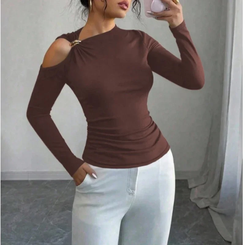 Casual Unregelmäßigen Hals Einfarbig Top Elegante Off schulter Slim Fit Langarm Bluse Frauen Mode Aushöhlen Streetwear Shirt
