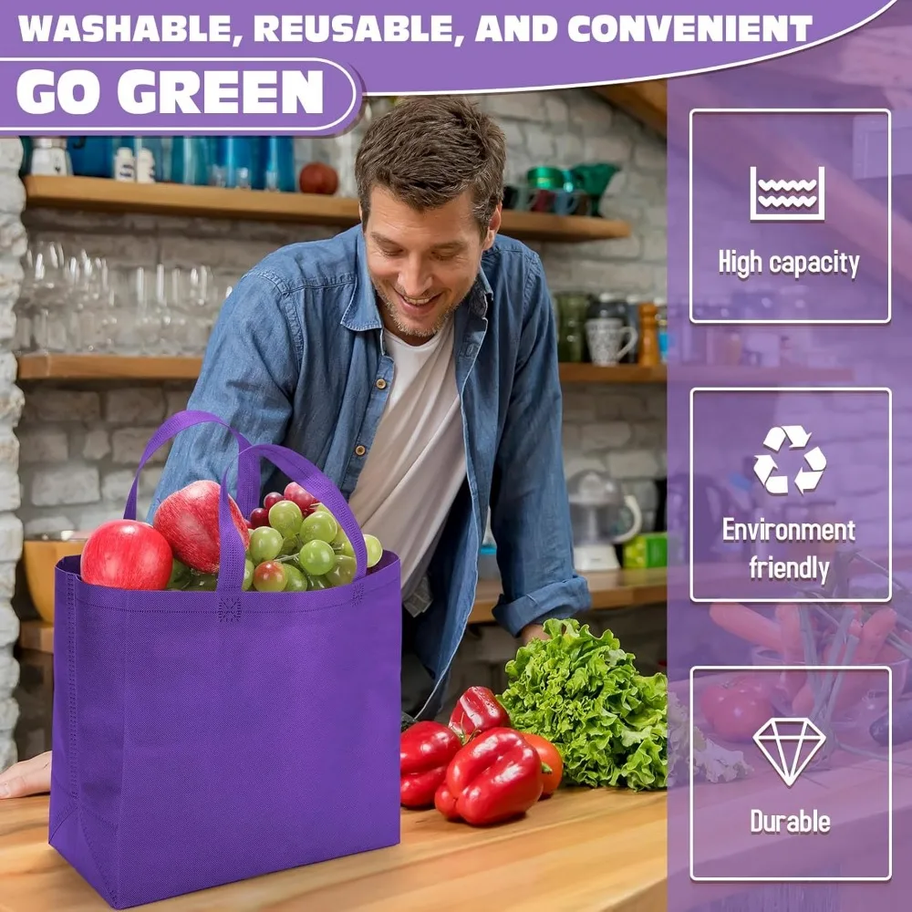 Large Foldable Non-Woven Grocery Bags with Handles, Portable Tote for Bulk Shopping, 12.6 x 11.8 x 6.3 Inch, Reusable and Eco-Fr