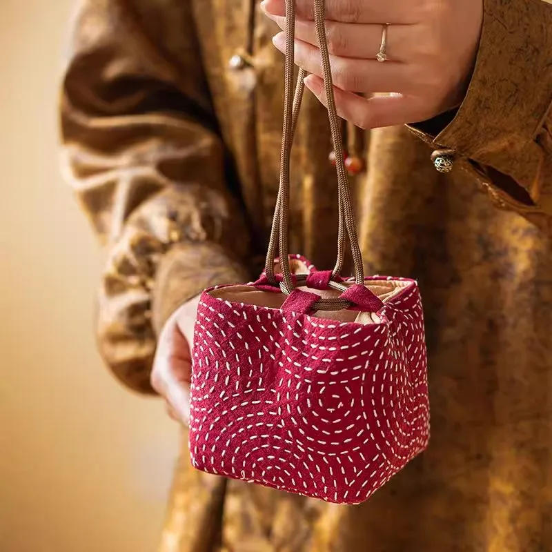 Chinese Vintage Sashiko Embroidery Tea Cup Pouch Thickened Travel Storage Bag for Zisha Teapot & Tea Set, Tea Accessories Organi