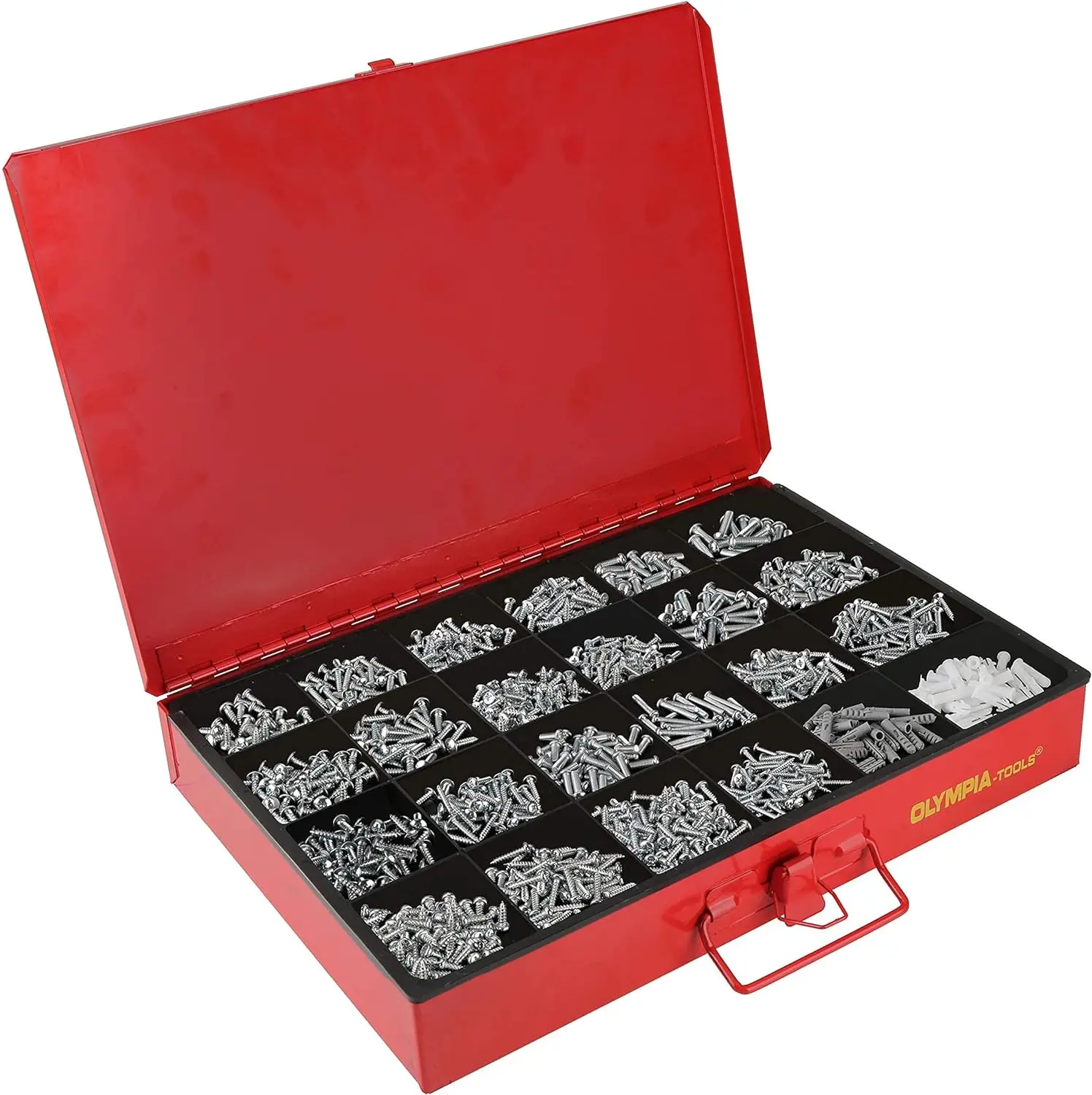 Olympia Tools 90-806, organizador de Hardware de 4 cajones, incluye 2500 piezas de Hardware pequeño, negro/rojo