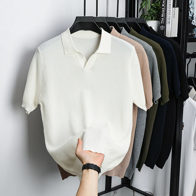 100 Baumwolle High-End-Marke männer Revers Kurzarm T-Shirt Sommer Neue Einfarbig Kleine V-ausschnitt Mode Business freizeit Männer derbekleidung – Detail 2