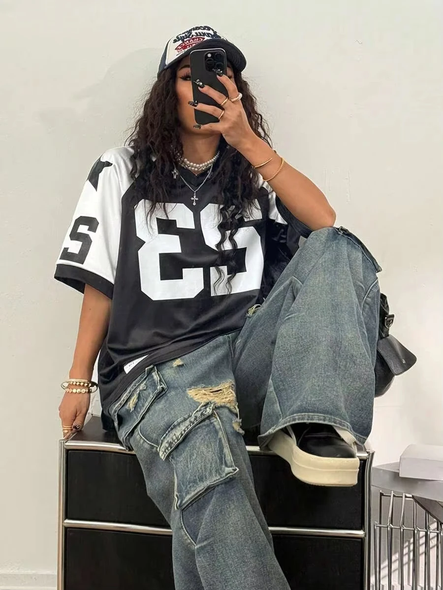 2025 Plus Size Outdoor Casual Women's Wear Contrast Color V-Neck T-Shirt Pattern Ladies Loose and Comfortable T-Shirt Tops