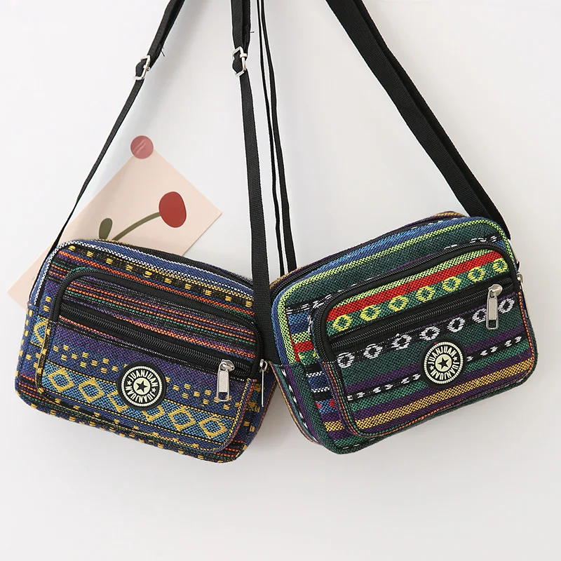 Vintage Colorful Striped Pattern Square Bag Zipper Crossbody Bag Women's All-Match Purse Multiple Compartment Large Capacity