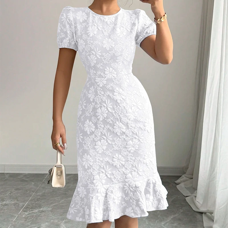 Elegant Lady Ruffled Hem Short Sleeve Dress New Skinny Hip Covering Slim Knee Length Dress Casual All-Match Solid O-Neck Vestido