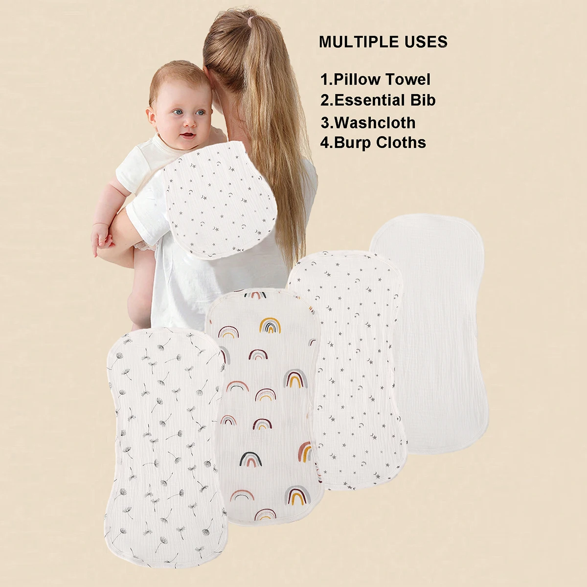 4Pcs/Set Muslin Baby Burp Cloths Large 100% Cotton Burping Cloths for Newborn, Baby Girls and Boys