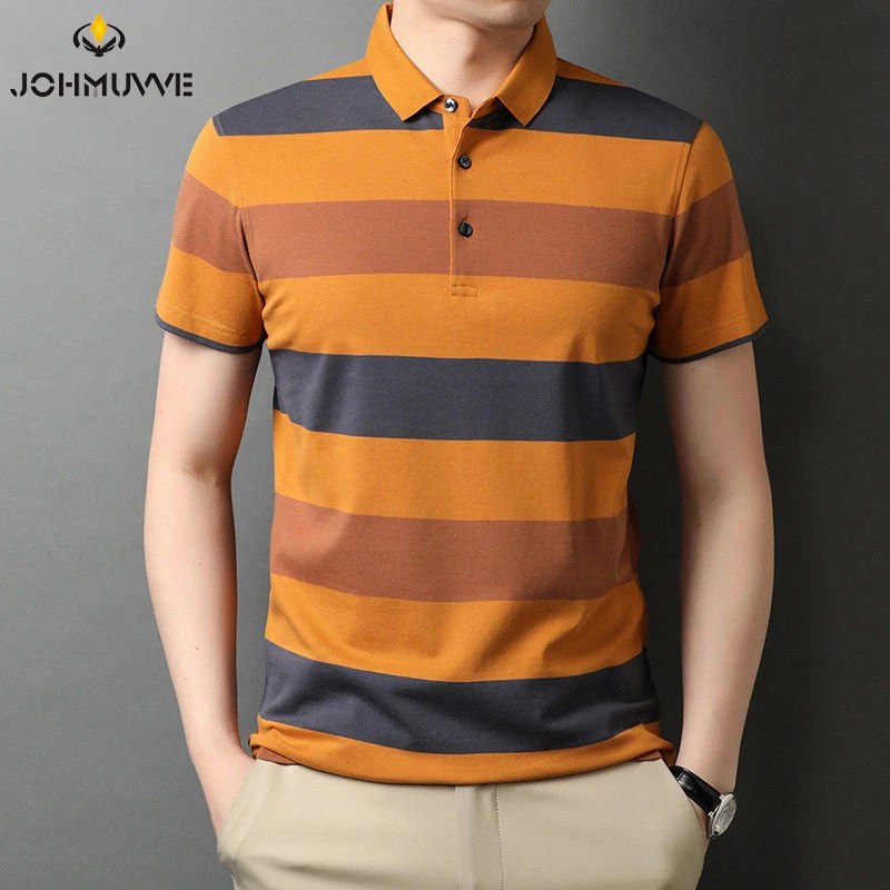 JOHMUVVE Fast Shipping Spring/Summer Striped Men\'s Short Sleeve POLO Shirt Casual Short Sleeve Top Men\'s T-Shirt