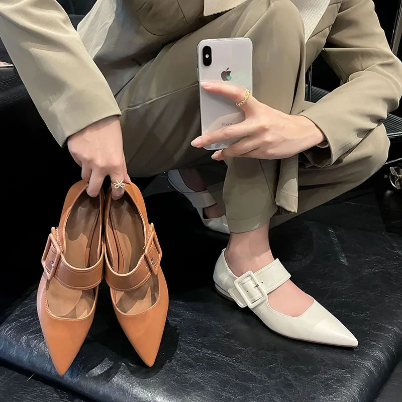

MKKHOU Fashion Women Shoes New High Quality Real Leather Pointed Scalp Buckle Shallow Comfortable Flat Shoes Daily Light Shoes
