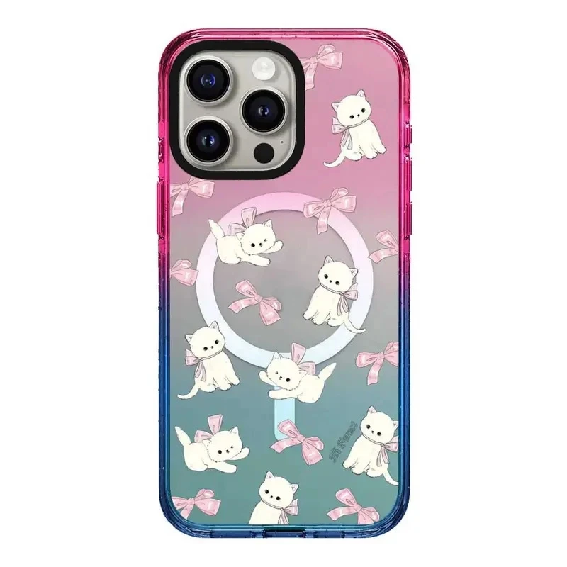 

White Cat Rabbit Bowknot Colorful Border 2.5 Acrylic Magnetic Phone Case Cover for IPhone 13 14 15 Pro Max Case