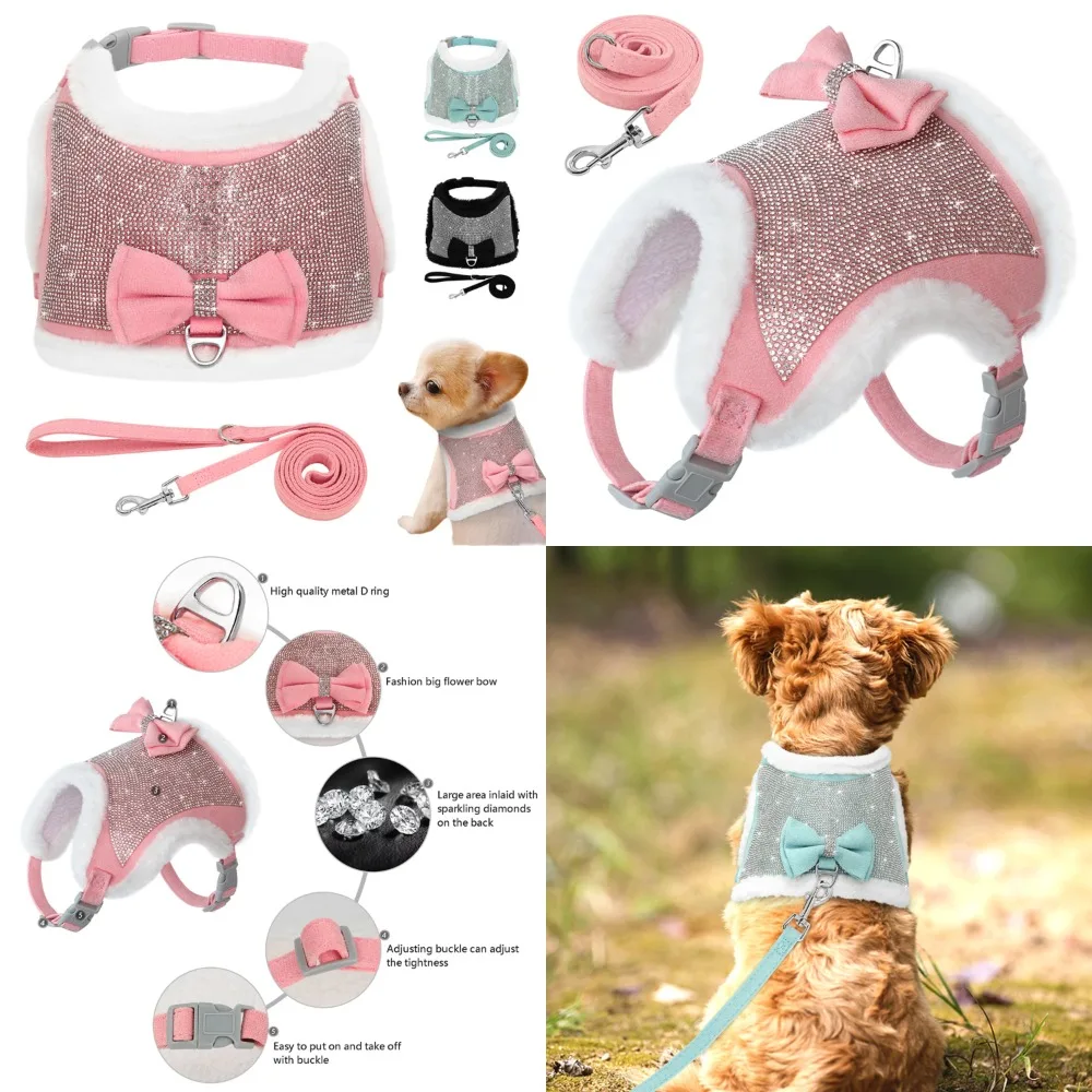 

Soft and Warm Bling Rhinestones Harness Vest Set for Small Dogs and Cats with Bowtie - Winter Pet Clothes for Chihuahua