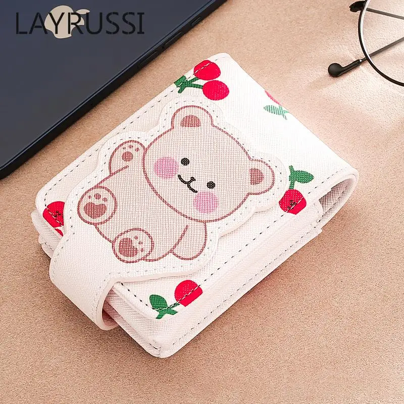 

LAYRUSSI Leather Cute Bear Girl Makeup Bag Small Portable Lipstick Bag Mini Cosmetic Pouch With Mirror Travel Makeup Storage Bag