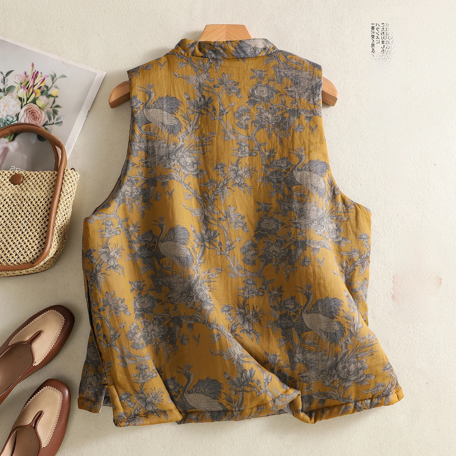 Warm Cotton Lined Tunic Vest Large Size Winter Women's Fashion Traditional Chinese Collar Button up Cotton Liner Floral Print