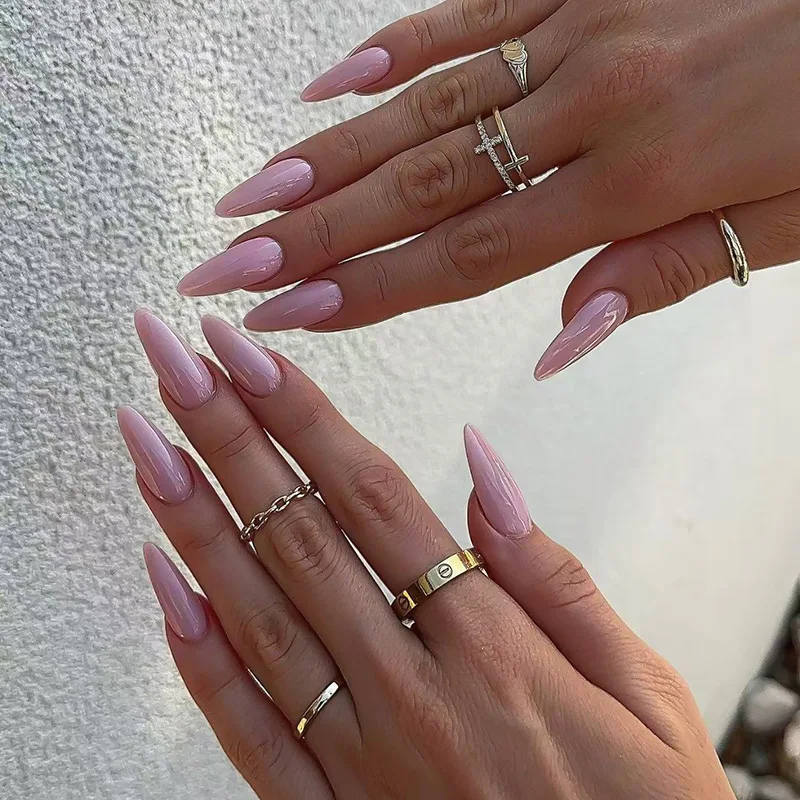 

24pcs Simple Pink Press on Nails Almond Fake Nails Full Cover Wearable False Nails