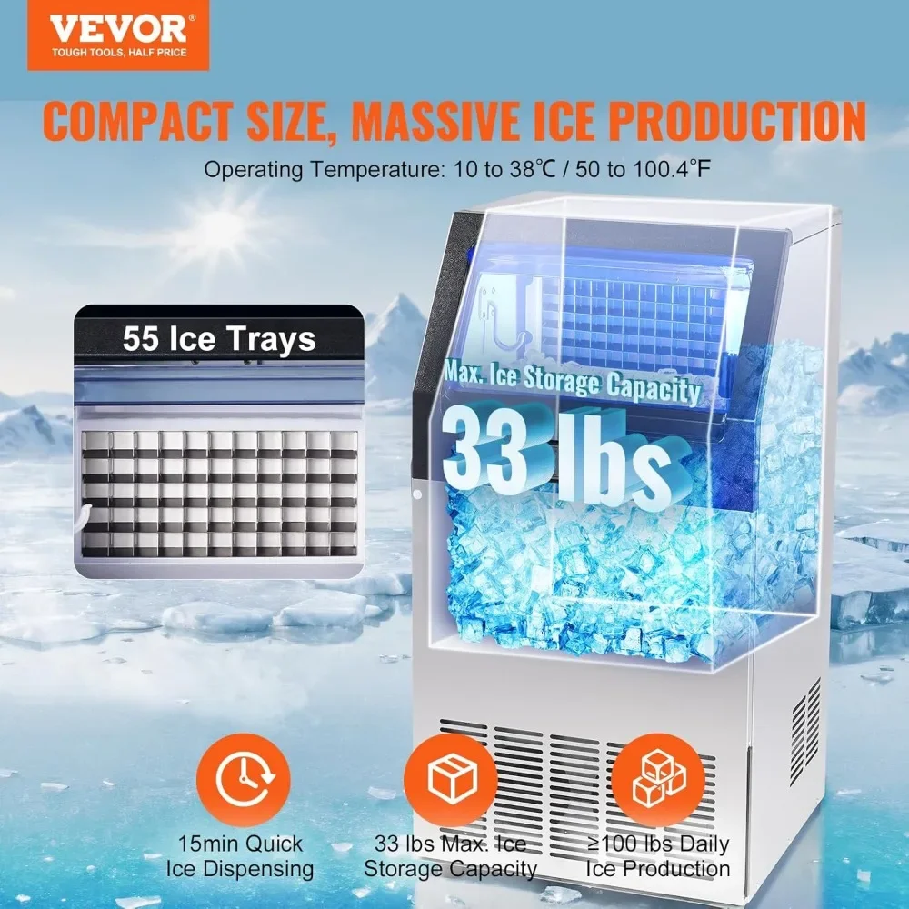 Ice Maker with 33lbs Storage Capacity, 100lbs/24H, 5 Ices Cubes in 12-15 Minutes, LED Digital Display, Countertop Ice Maker