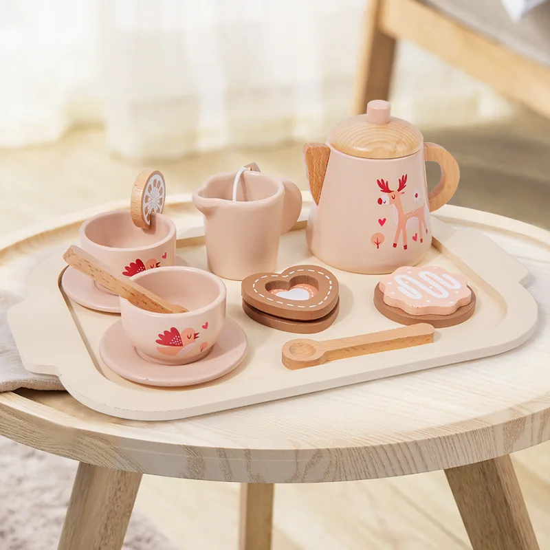 LazyChild Wooden Simulated Afternoon Tea Dessert Teapot Tableware Set Pretend Play Kitchen Tea Set Educational Toy For Kids