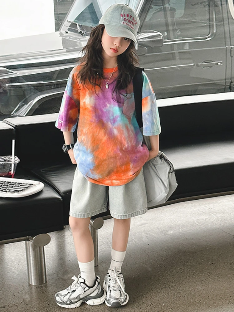 Camiseta de manga corta para niñas, camisa grande con bolsillo Tie-dye, versión coreana, holgada, estilo Simple coreano, novedad de verano 2024