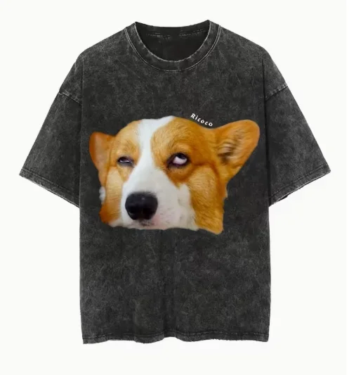 Black Vintage Wash Distressed Design Dark Rolling Eyes Corgi Puppy Print T-shirts