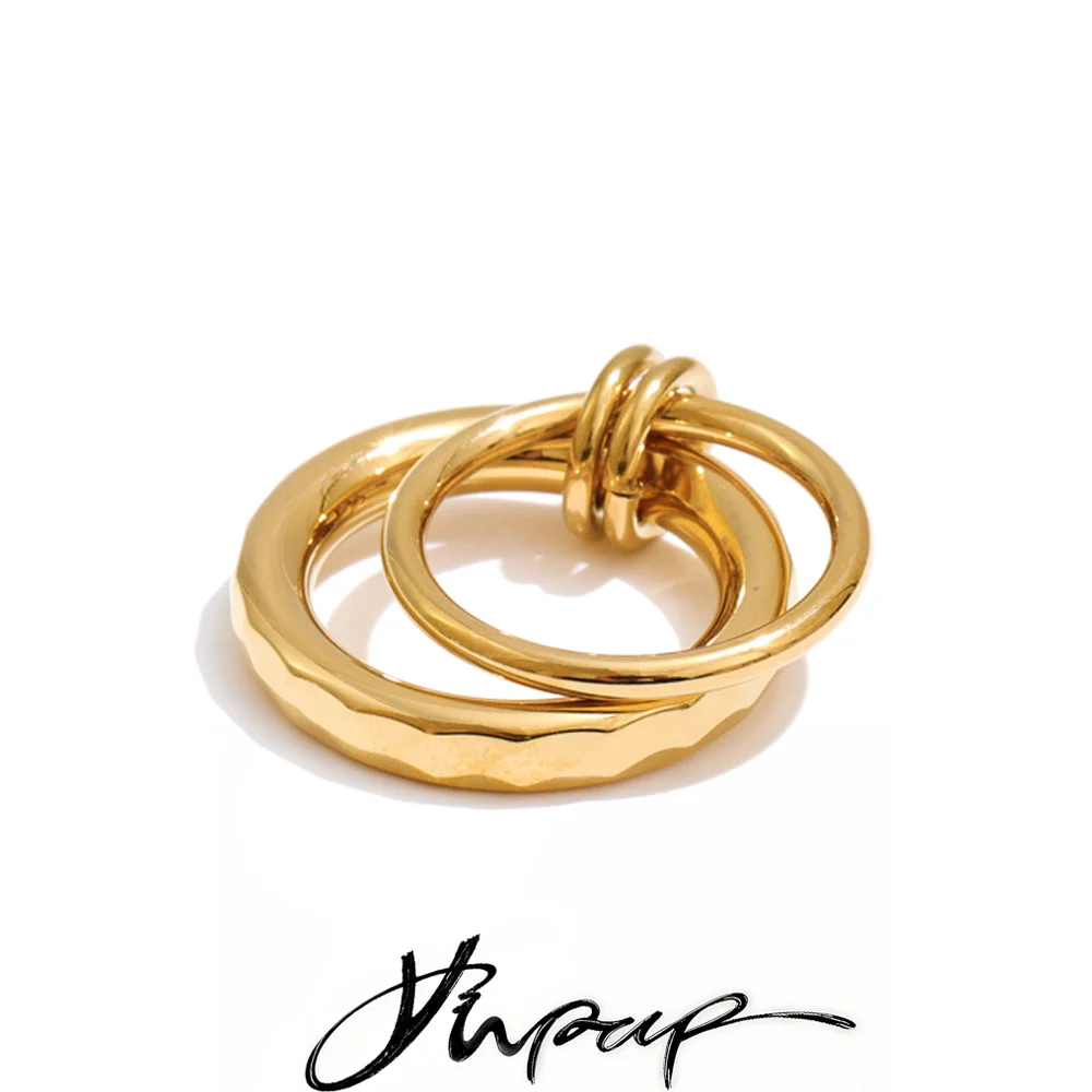 Yhpup Size 678910 Stainless Steel Double Circle Finger Ring Wholesale High Quality Metal PVD Plated Casual Fashion Jewelry Gift
