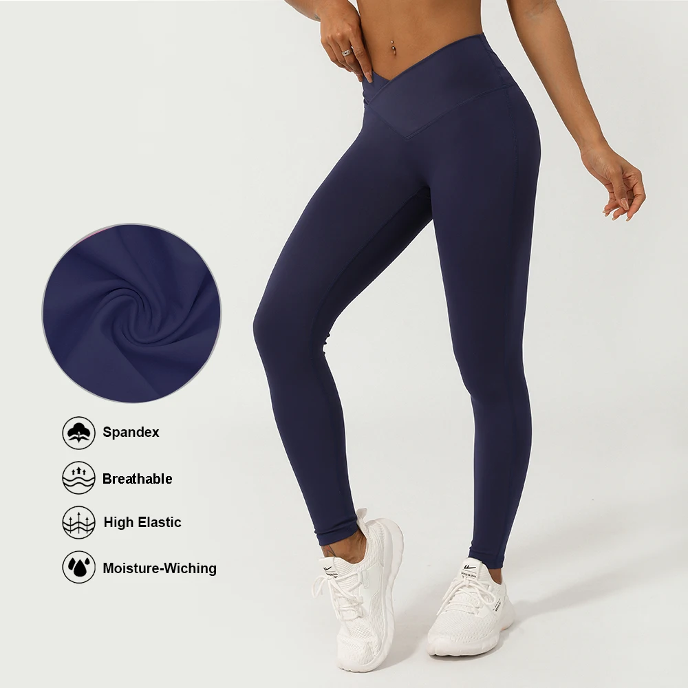 Women Cross Waist Fitness Leggings Solid Color Lifting Buttocks Yoga Tights Without Front Seam Workout Leggings