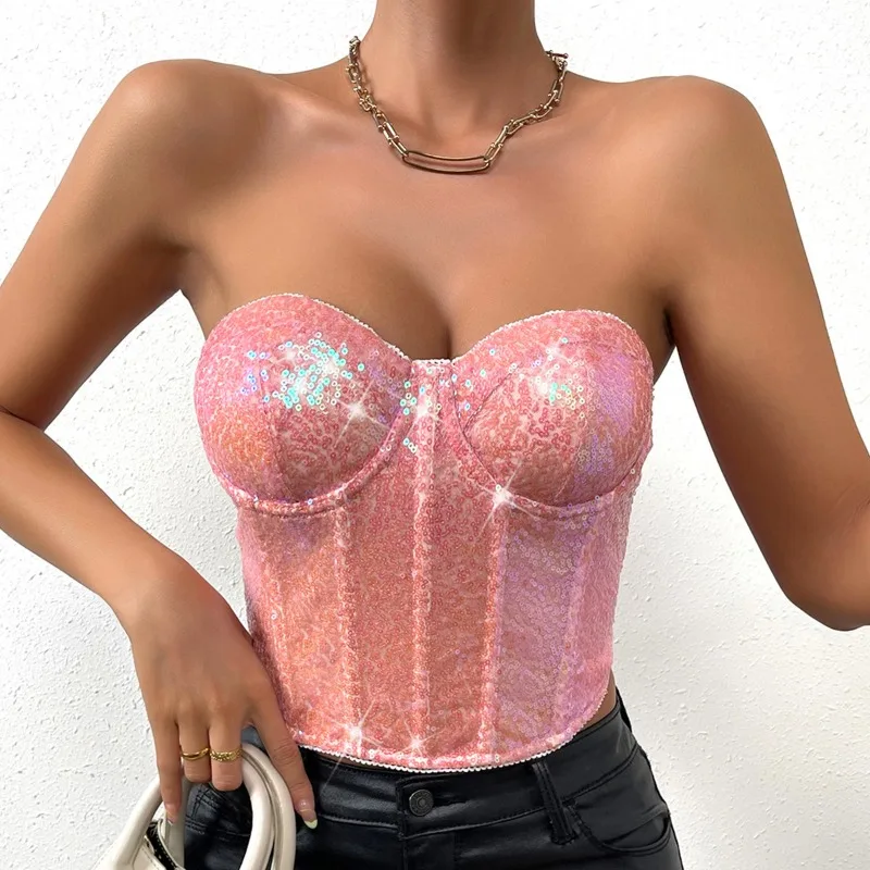 CHUANGERM Sexy Corset Sequin Overbust Vest  Sleeveless V-neck Backless Bandage Lingerie Sexy Woman Push Up Bodyshaper Top