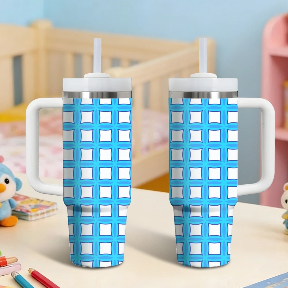 Cartoon Checked Pattern Vacuum Flasks 40oz Stainless Steel Insulated Tumbler with Handle & Straw Leakproof Travel Mug