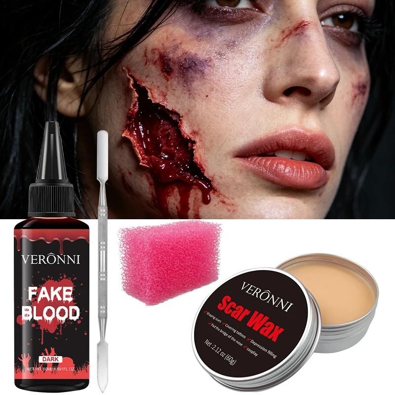 VERONNI SFX Halloween Makeup Kit Scar Wax Fake Blood with Spatula Sponge Realistic Wound Scar Zombie Cosplay Special Effect Set
