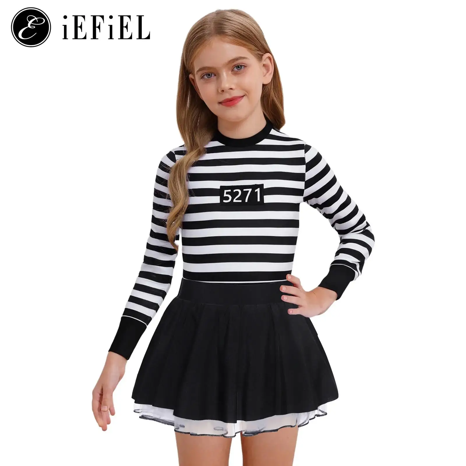 

Girls Prisoner Inmate Cosplay Costume Striped Short/Long Sleeve A Line Tutu Dress Halloween Cosplay Fancy Dress-up