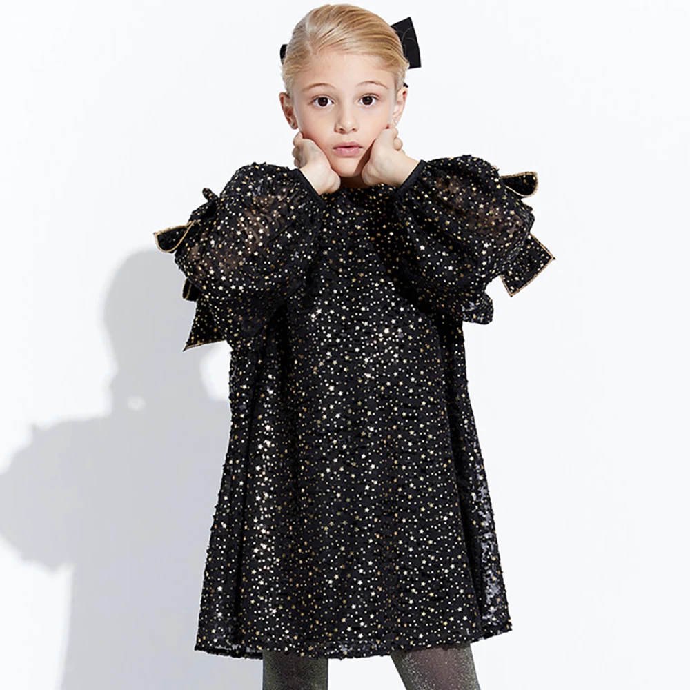 Girls Sequin Dress 24 Spring & Summer New Children\'s Girls Baby Nordic Style Bow Sequin Mesh Temperament Princess Bow-Knot Dress