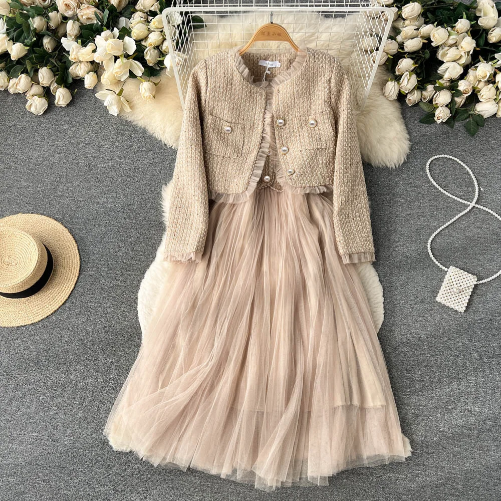 Luxury Elegant Women Dress Sets Short Coats+Spaghetti Strap Tulle Dresses 2023 New Spring Autumn Female Two-Piece Suits