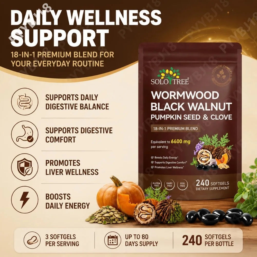 Wormwood & Black Walnut Softgels with Pumpkin Seed, Clove & 14 Herbs for Energy, Digestive Comfort & Liver Wellness 240 Softgels