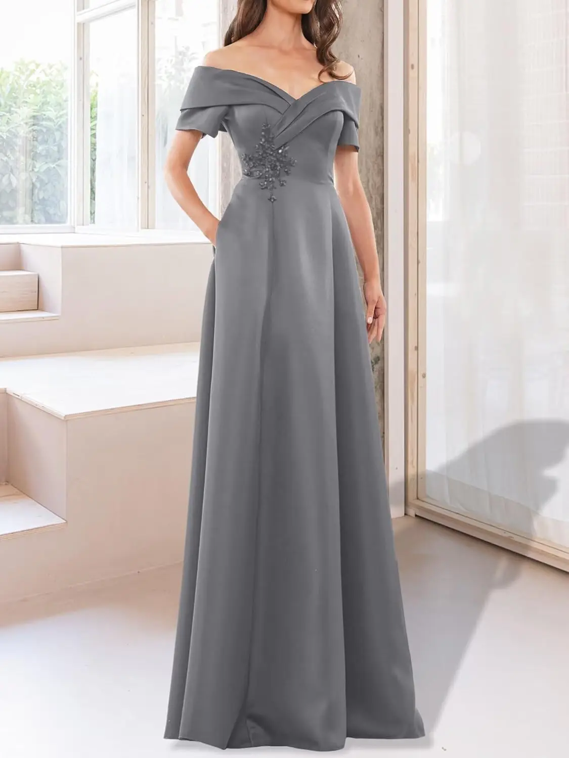 Strapless Satin Mother of The Bride Dresses A Line Beaded Floral Long Wedding Guest Gowns for Women with Pockets
