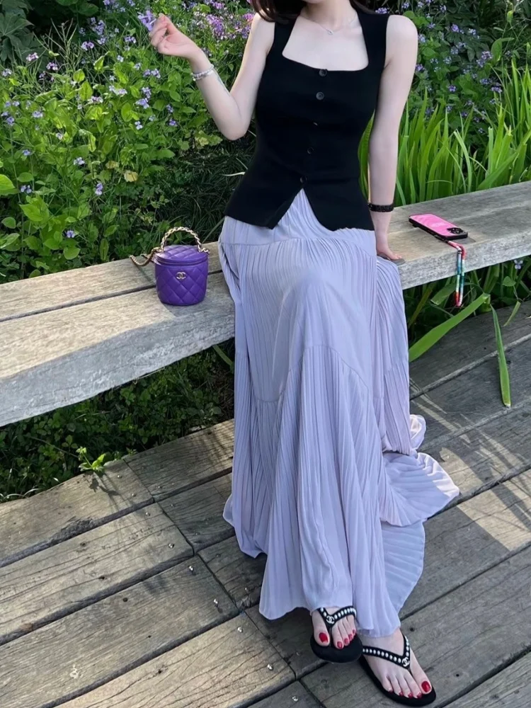 Gonna a trapezio a pieghe viola estesa Gonna lunga da donna primavera autunno drappeggiata a vita alta con abito lungo da fata T Princ