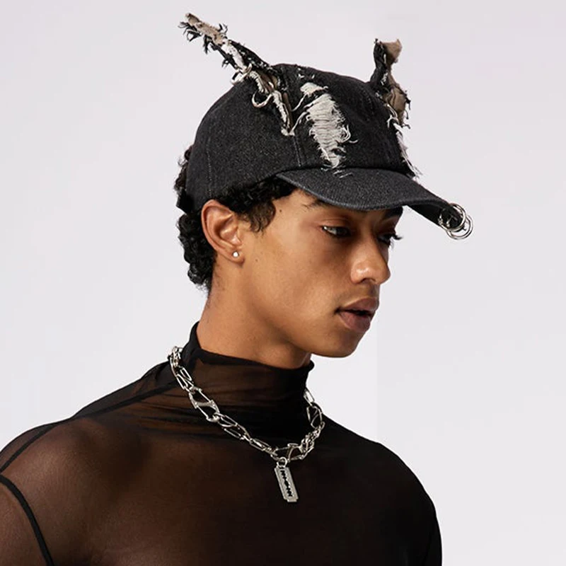Y2K Punk Cat Ear Denim Baseball Cap Mono Shell Ripped Distressed Jeans Hat Metal Rings Pins Harajuku Gothic Grunge Gorras Hombre