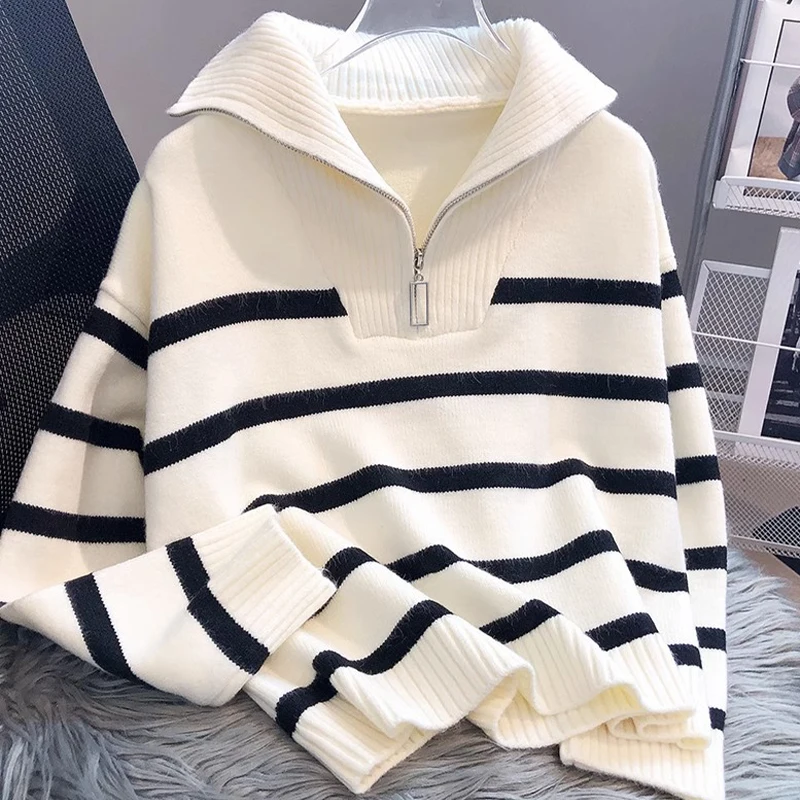 Autumn Winter Fashion Striped Zippered Lapel Long Sleeve Loose Casual Knitted Sweater For Women