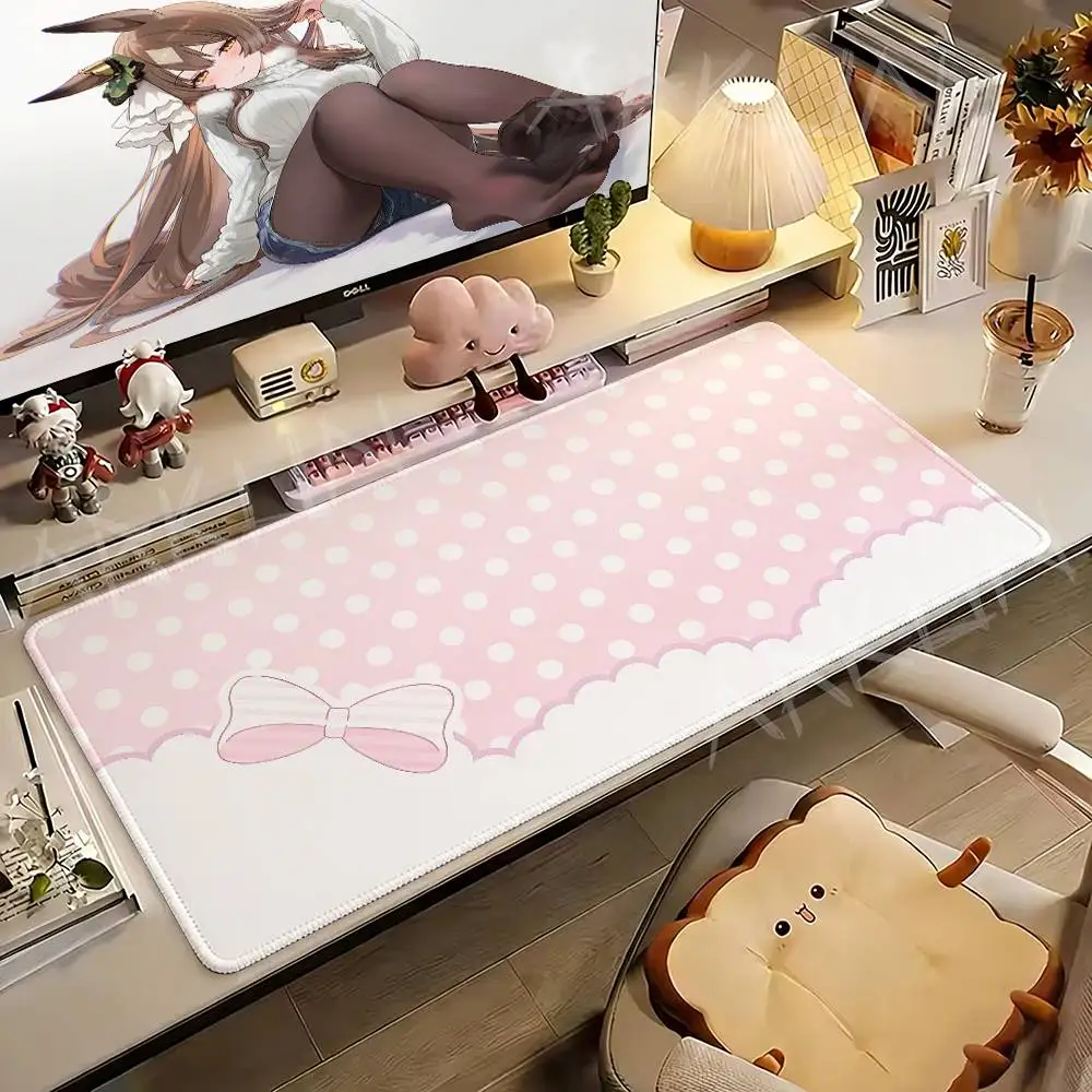 Cute Cartoon Bow Dot Matrix Mousepad Computer PC Desk Mat 900X400 Keyboard Anime Office Carpet Playmat Kawaii Extended Rug