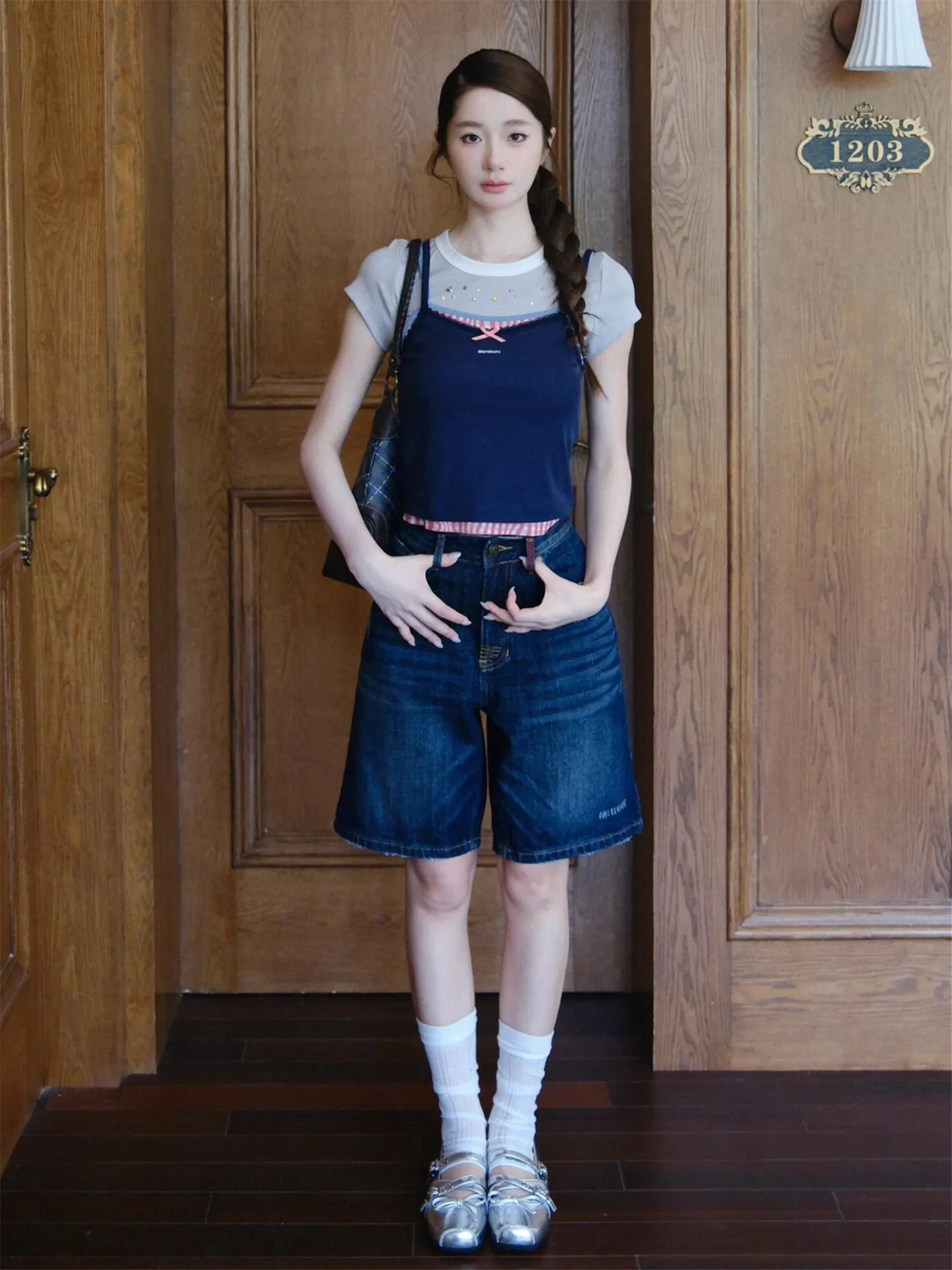 

American Vintage Five-Point Women's Jeans Summer Loose Slimming Washed Color Block High Waist Straight Leg Cotton Casual Pants
