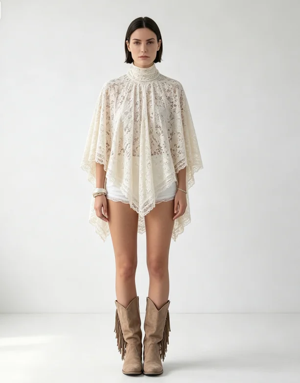 Elastic Lace Trim - ชุดเซ็ตเสื้อครอปแขนยาวคอสูงผ้าลูกไม้ฉลุลายเก๋ไก๋ กางเกงขาสั้นทรงหลวม ดีไซน์เก๋ ทรงเข้ารูป สำหรับฤดูร้อนปี 2026