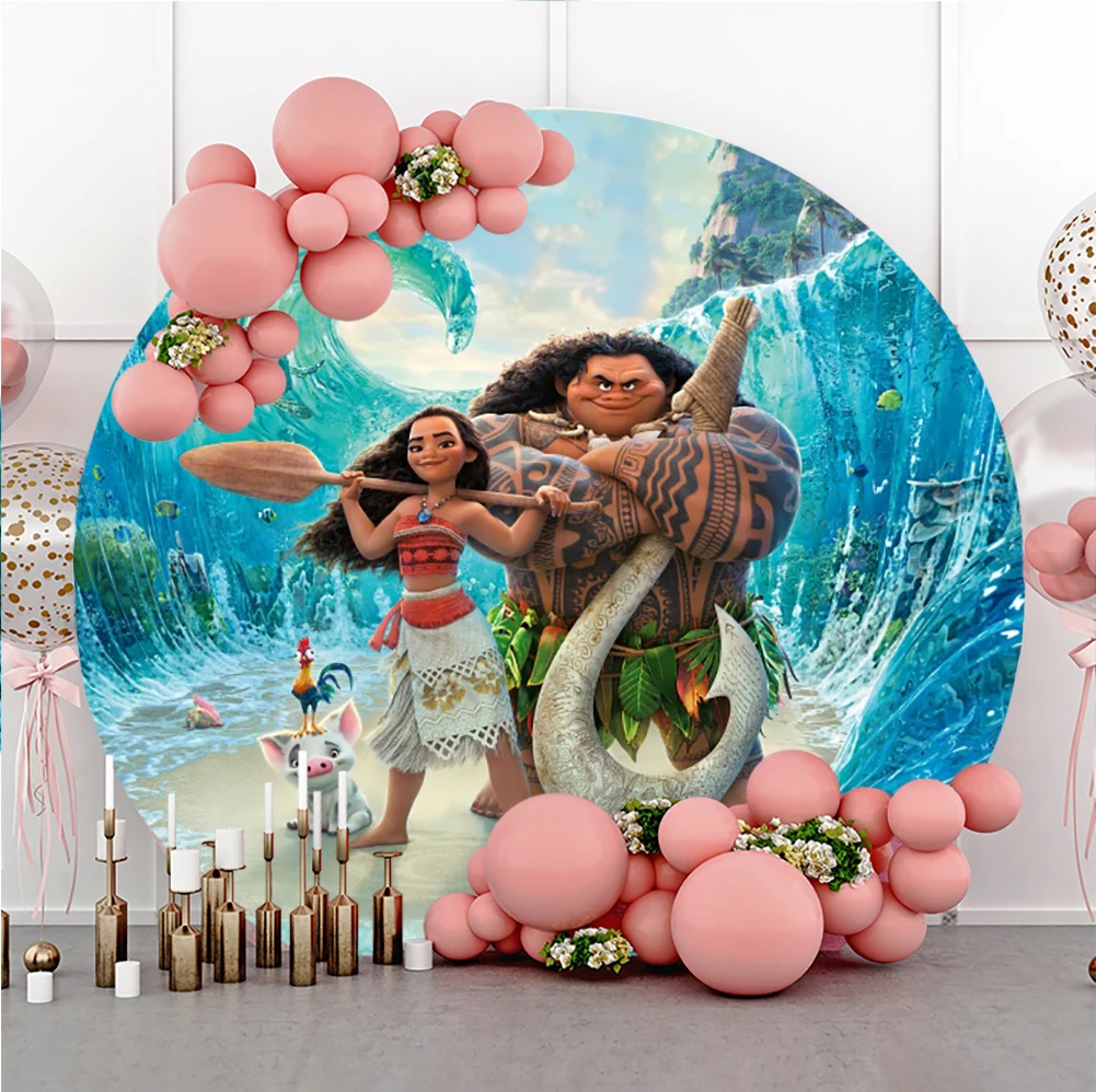 Fondali per feste Disney Moana di forma rotonda decorazioni di compleanno sfondo personalizzato decorazione di nozze parete Photozone per bambini