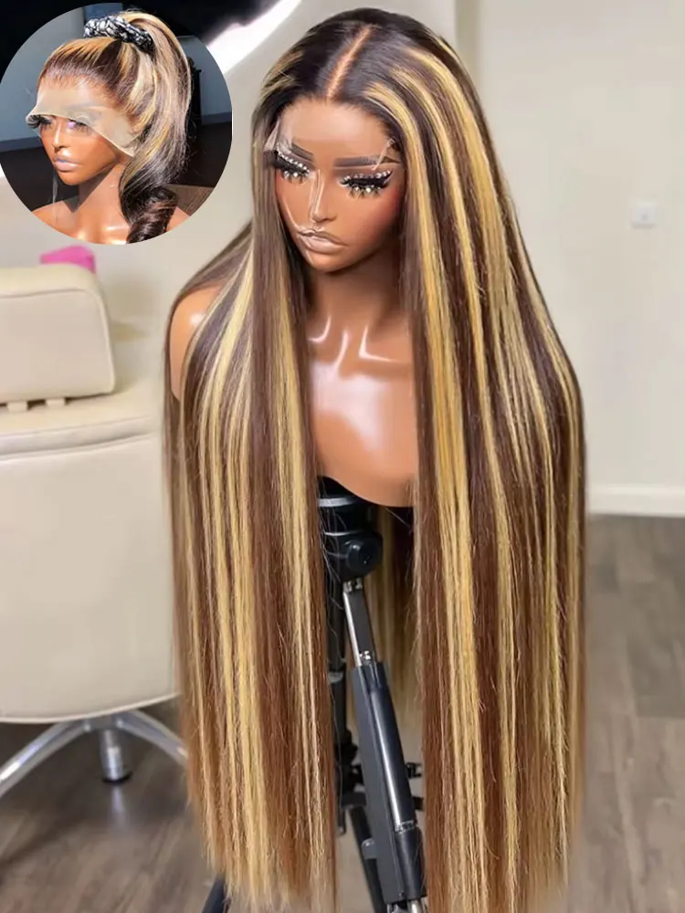 220 밀도 360 풀 HD 레이스 하이라이트 가발 인모 4/27 본 스트레이트 레이스 프론탈 가발 13x6 브라운 옴브레 레미 프리 플러킹 가발