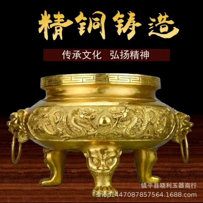 Copper Three-Legged Large Double Dragon Playing With Pearl Incense Burner Temple Shrine Hall Metal Craft