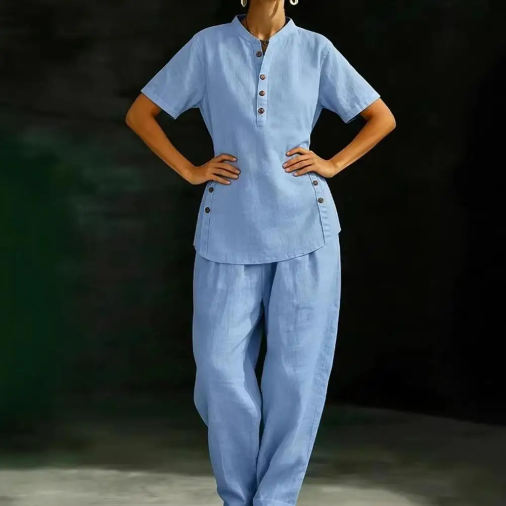 Summer Casual Outfit Women Women's 2 Piece Linen Set Short Sleeve Button-up Top Wide Leg Pants Matching Outfit Summer Casual