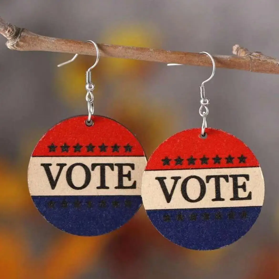 Wholesale Handmade Hand Printed Wooden Red & Blue USA Patriotic Earrings Wooden Vote Dangle Drop Earring for Women Election 2024