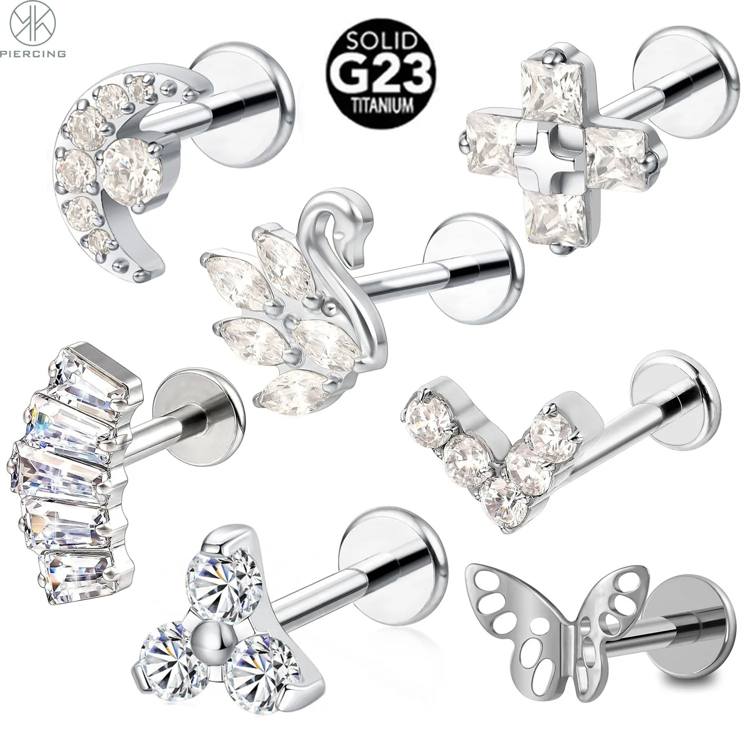 Hypoallergenic Titanium ASTM F136 Moon Animal Cross 18G 16G Flat Back Internal Thread Stud Earrings Lip Piercing Jewelry 1PCS